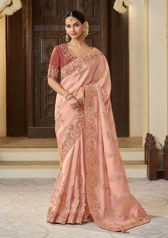 Peach Wevon Jacquard Designer Embroidery Work Viscose Tissue Saree
