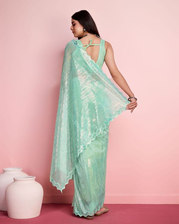 Sea Green Thread & Sequance Embroidery Work Silver Twill Net Saree