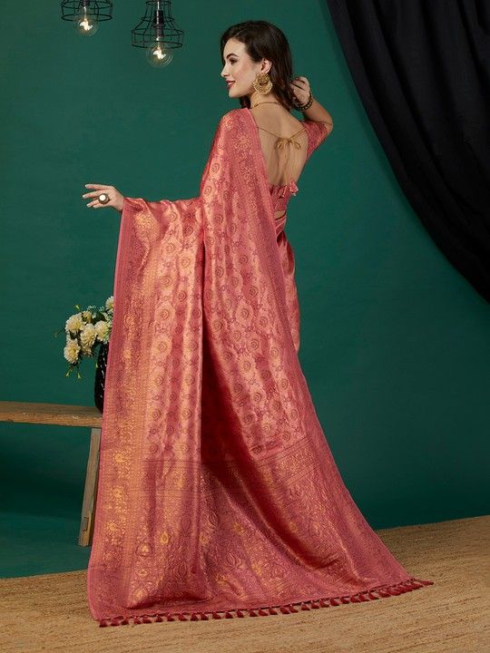 Peach Kanjeevaram Woven Saree With Tassels on Pallu and Stitched Peach Blouse
