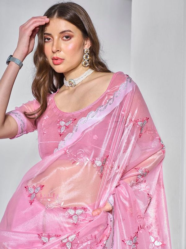 Pink Color Gold Tissue Net Fabric Designer Embroidery Work Ceremonial Partywear Saree