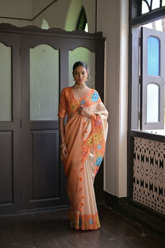 Orange Wevon Jari Designer & Printed Soft Silk Saree