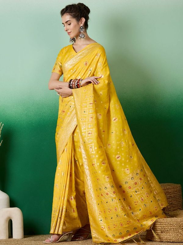 Yellow Wevon Jacquard Designer Staple Dola Cotton Saree
