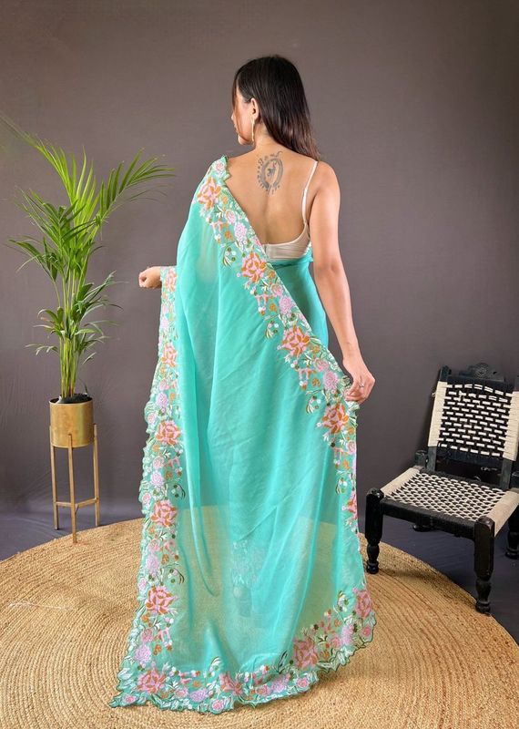 Sea Green Cross Stich Embroidery Cut Work Glossy Silk Saree