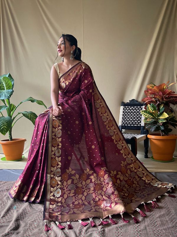 Maroon Weaving Jacquard Jari Designer Soft Silk Saree