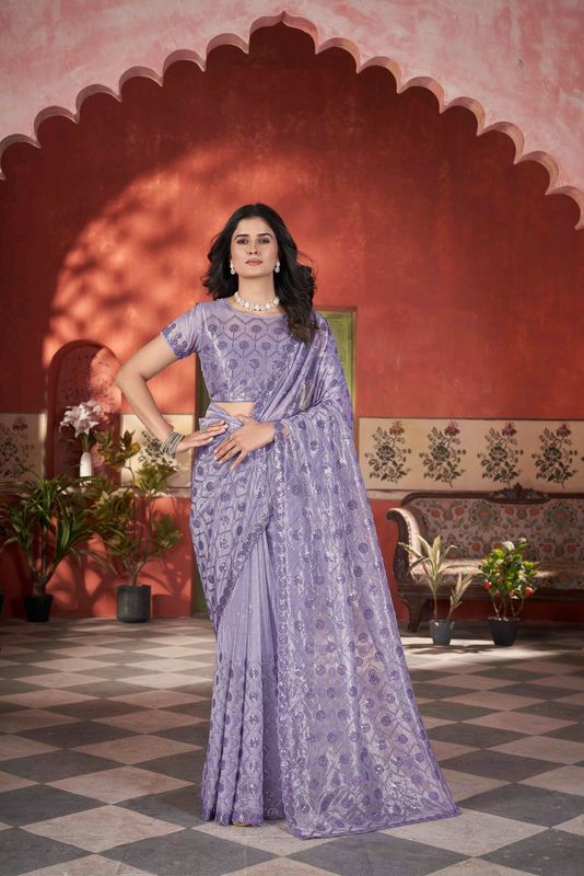 Lavender Sequance & Thread & Pite Embroidery Work Tissue Net Saree