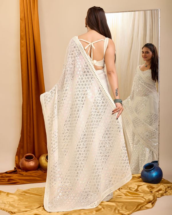Cream Designer Sequance Embroidery Work Georgette Saree