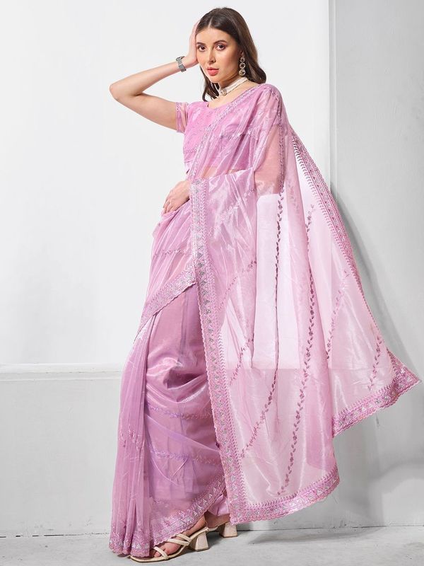 Purple Designer Embroidery Work Gold Tissue Net Saree