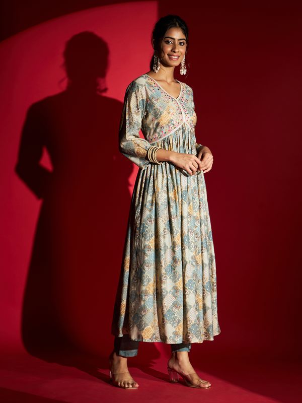 Blue Pure Rayon A-Line Kurta