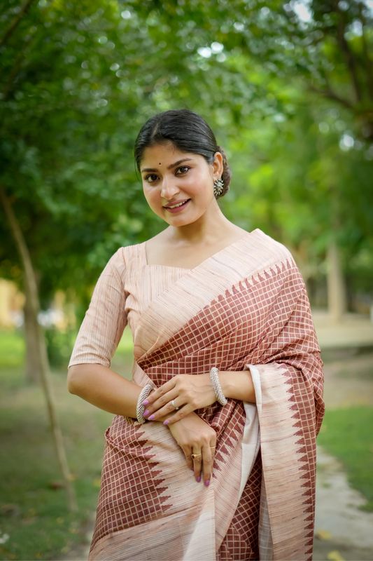 Brown Wevon Kantha Designer & Printed Tussar Silk Saree