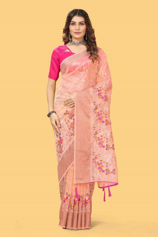 Orange Wevon Jari Patta & Embroidery & Stone Work Organza Silk Saree