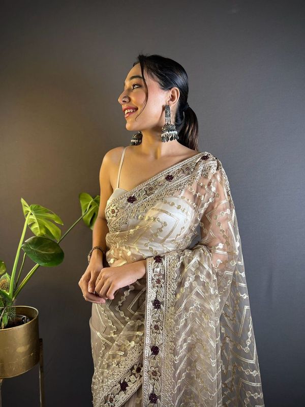 Beige Foil Thread Embroidery & Stone Work Butterfly Net Saree