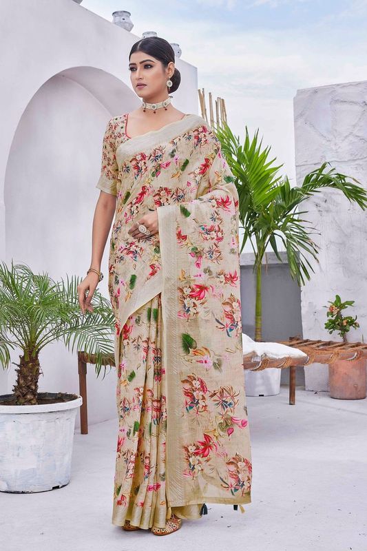 Beige Digital Printed Designer Linen Blend Saree