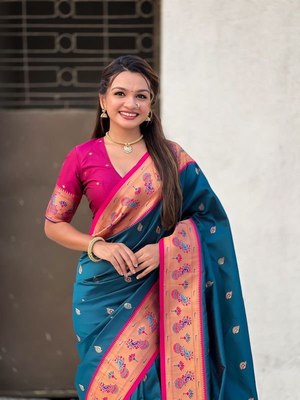 Blue Weaving Meenakari Designer Soft Silk Saree