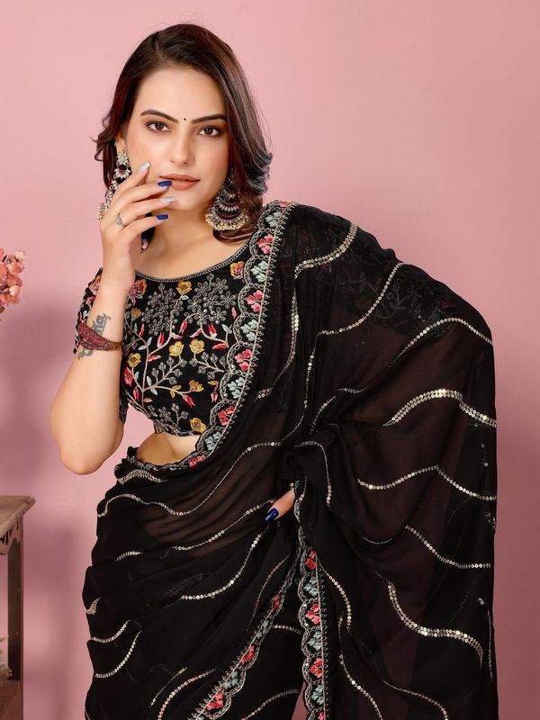 Black Multy Thread & Sequance Embroidery Work Rangoli Silk Saree