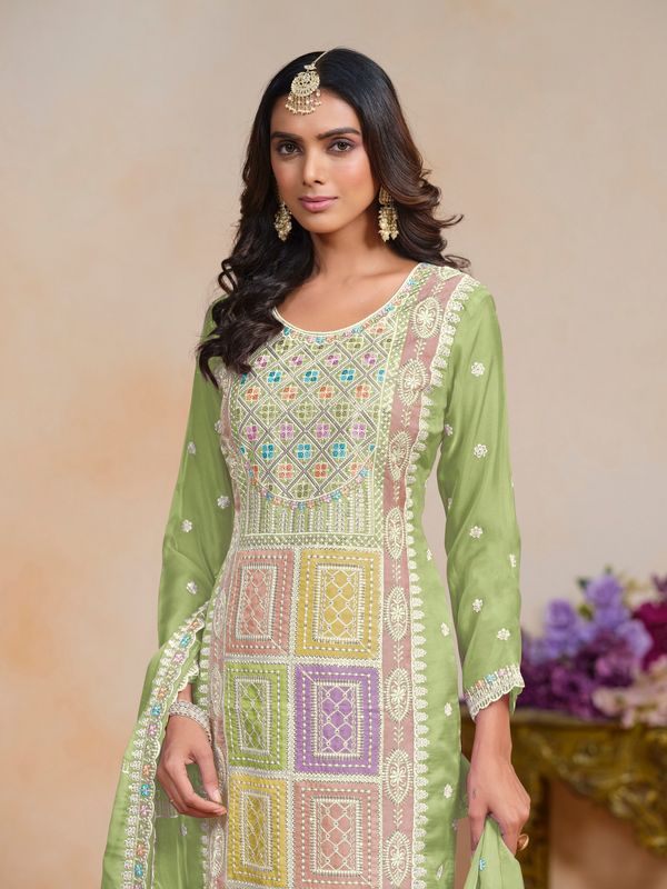 Green Color Organza Salwar Kameez With Designer Embroidery Work