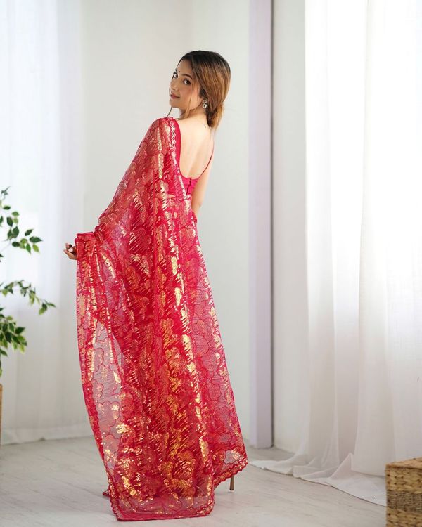 Pink Heavy Sequance Embroidery Work Mono Net Saree