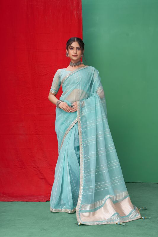 Sky Blue Wevon Lining Designer & Coding & Sequance & Gota Patti Embroidery Work Organza Saree