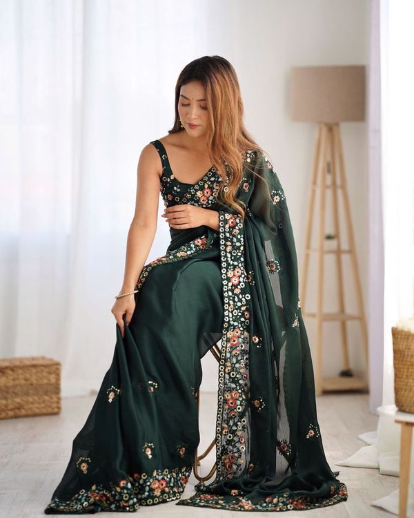 Green Multy Thread & Sequance Embroidery Work Satin Chiffon Saree