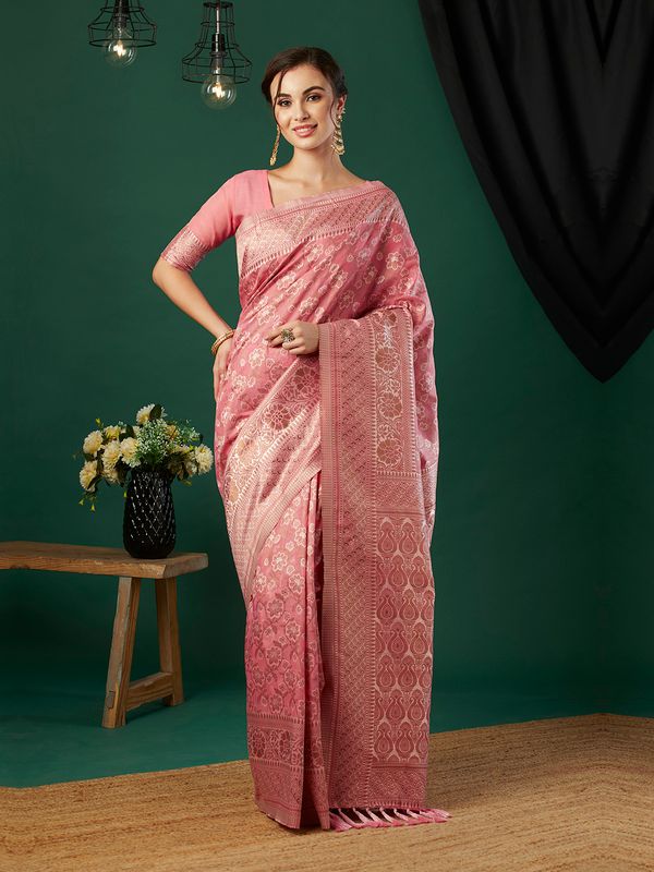 Pink Wevon Jacquard Designer Linen Saree