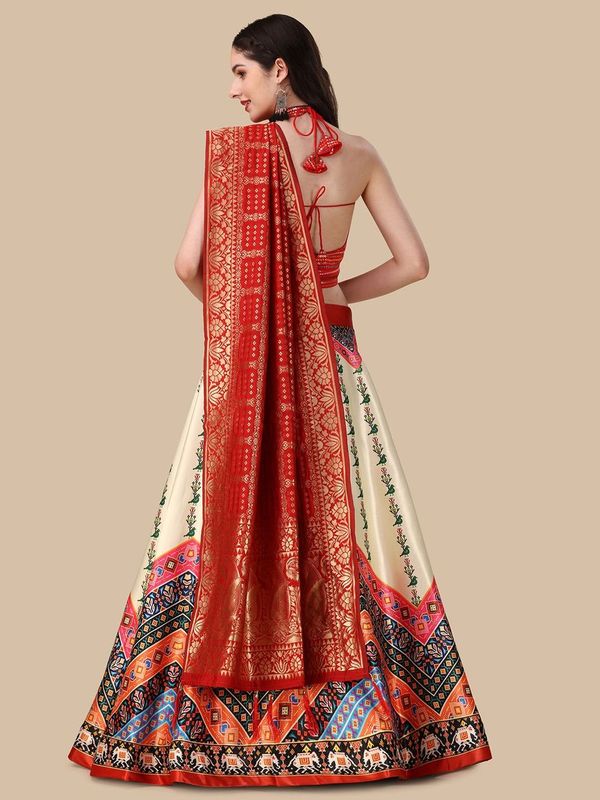 Digital Print Satin Silk Fabric Stitched Lehenga Choli With Jequared Blouse and Assami Silk Thread Work Dupatta For Women and Girls In Festive Party And Traditional Wear