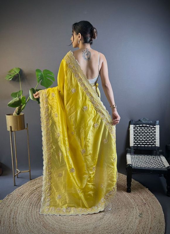 Yellow Sequance & Thread Embroidery & Cut Work Gold Crunchy Saree