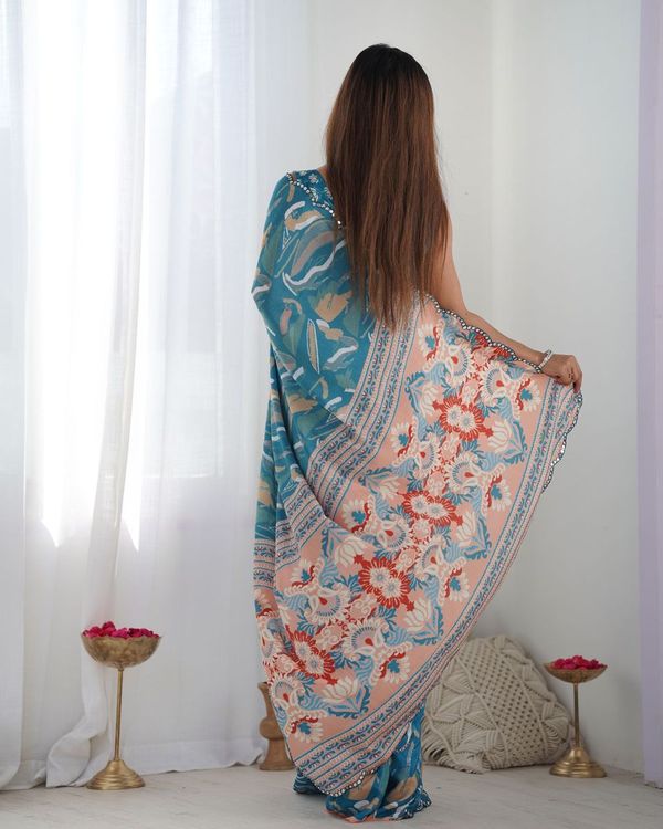 Teal Designer Digital Printed & Mirror Cut Work Chinon Saree