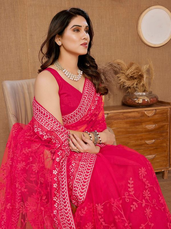Pink Designer Thread Embroidery Work Soft Net Saree