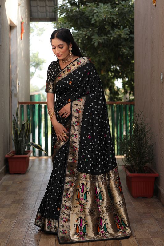 Black Dola Silk Wevon Paithani Designer Saree With Festive Bandhej Print