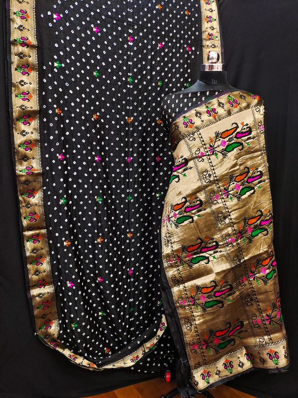 Black Dola Silk Wevon Paithani Designer Saree With Festive Bandhej Print