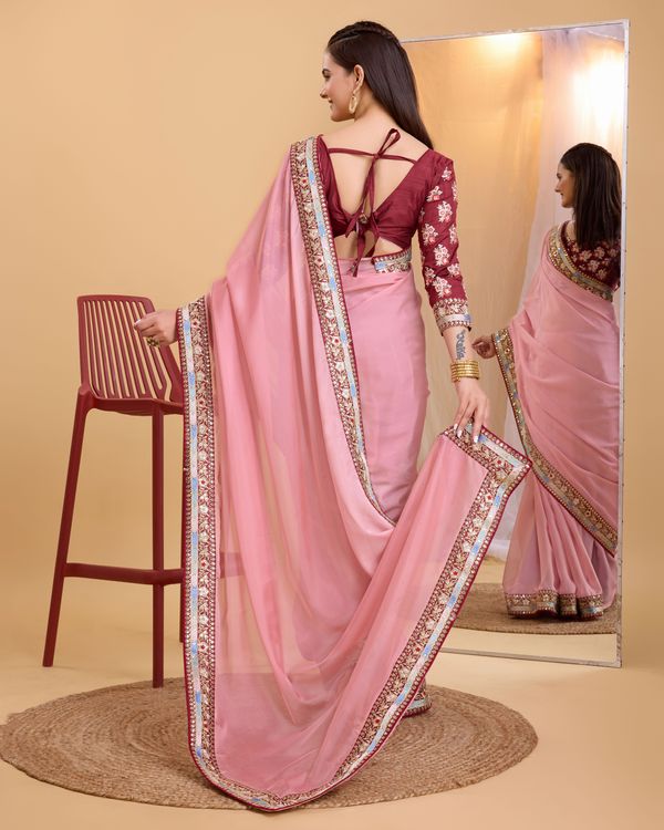 Pink Heavy Embroidery Work Lace & Blouse Organza Saree