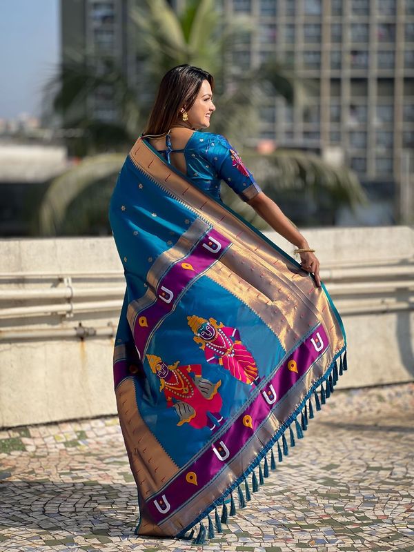 Blue Wevon Paithani Vitthala Designer Soft Silk Saree