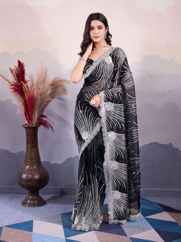Black Designer Sequance Embroidery Work Twill Net Saree