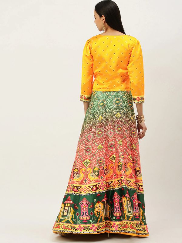 Ethnic Motifs Digital Print Shiney Satin Croptop Lehenga Choli With Blouse For Women and Girls