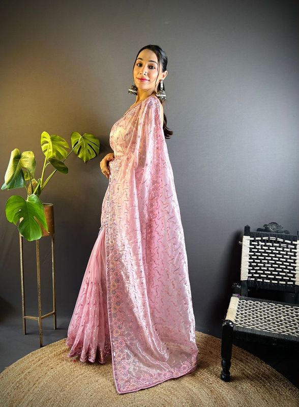 Pink Thread & Sequance Embroidery Work Twill Net Saree