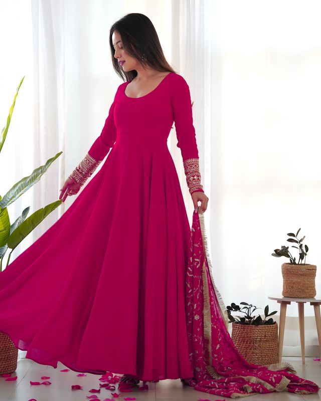 Women Georgette Anarkali Gown Duppta Full Set With Pent Ready To Wear