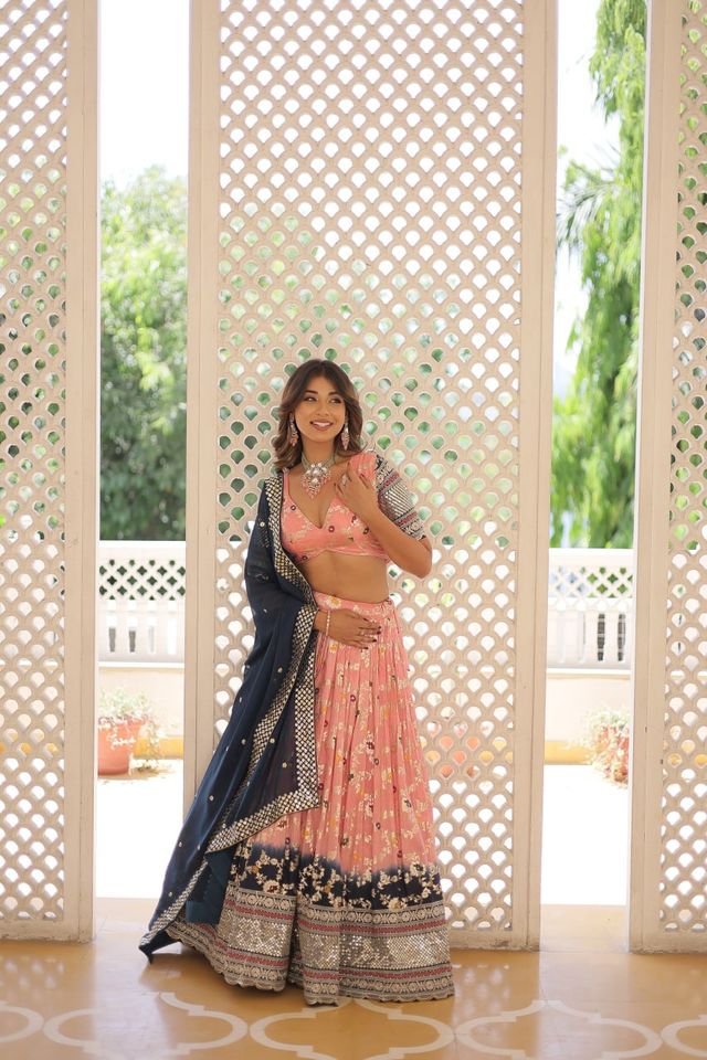 Peach Pure Viscose Jacquard with 2D Dyeing and Embroidered Sequins work Lehenga Choli