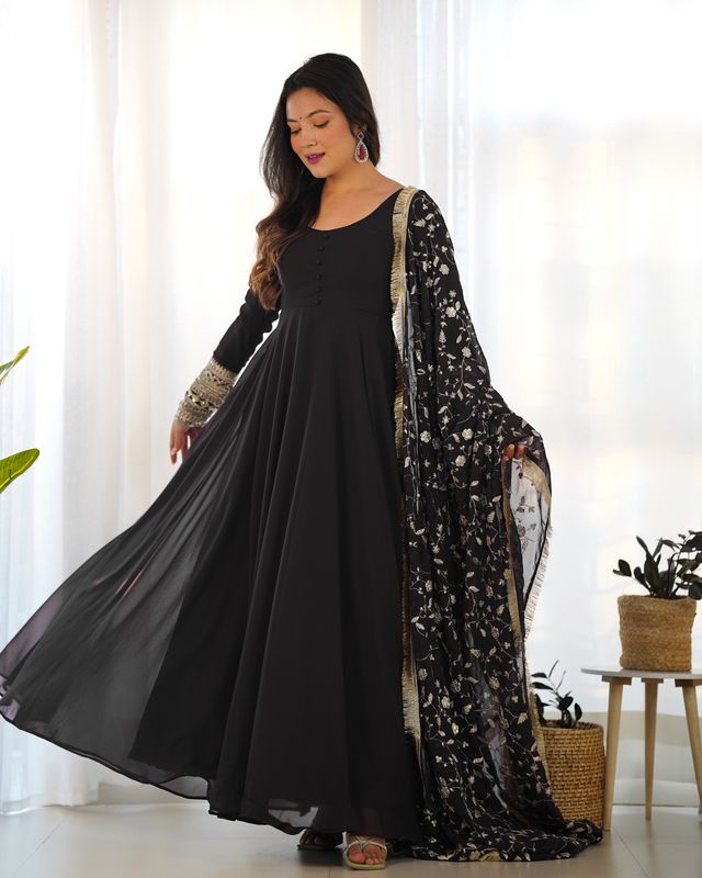 Women Georgette Anarkali Gown Duppta Full Set With Pent Ready To Wear