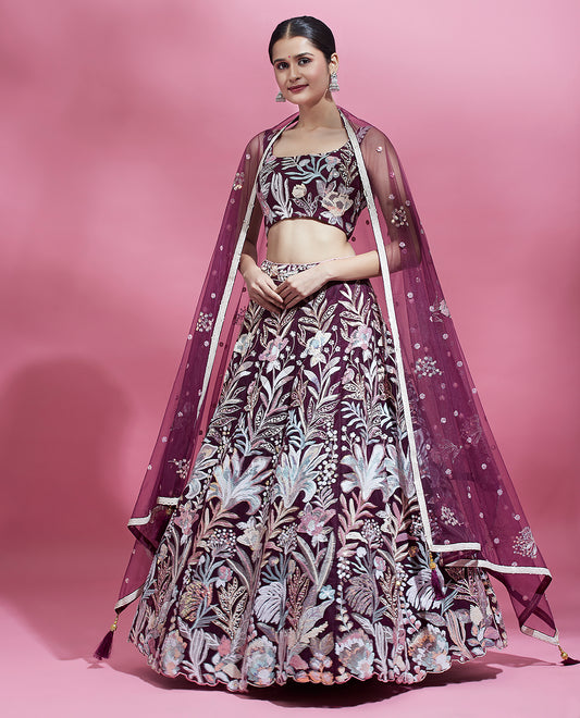 Burgundy Net Sequinse Work Lehenga Set