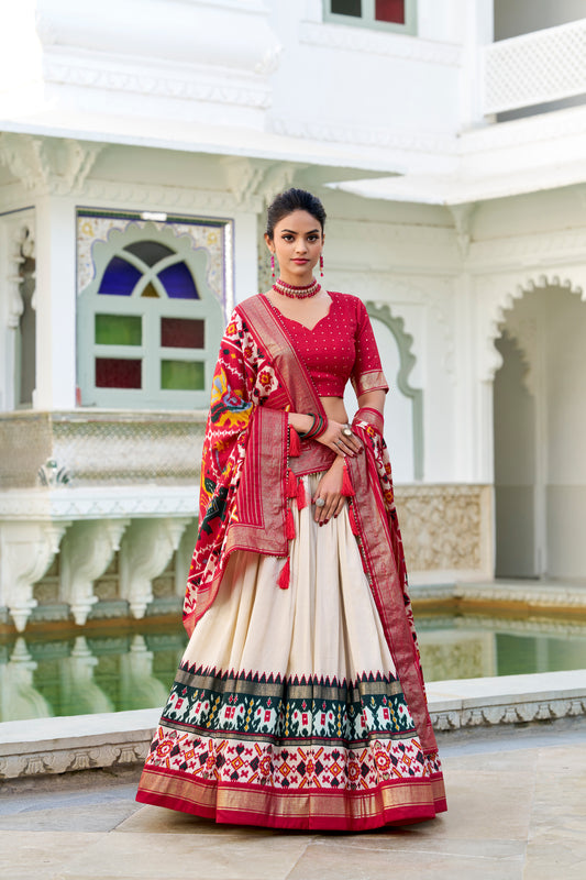 Off White Patola Print Design Lehenga Choli With Dupatta