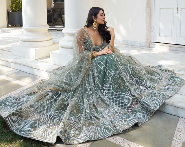 GREEN COLOR NET FABRIC LEHENGA CHOLI