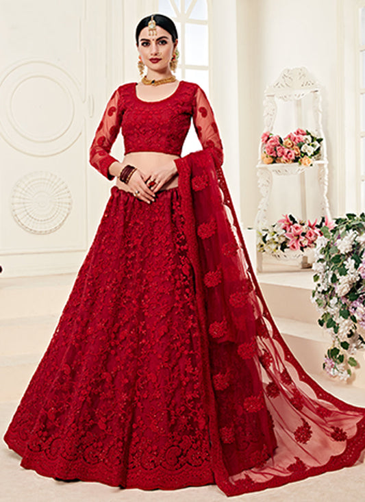 Red Tonal Thread Embroidered Lehenga