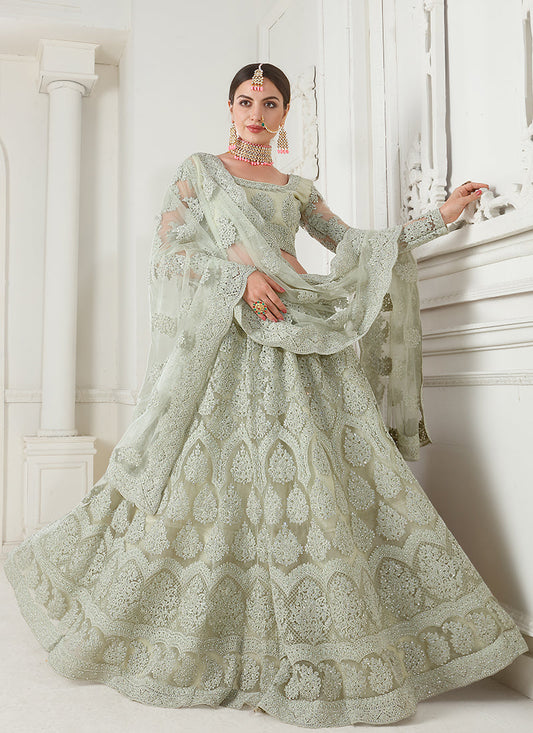 Pista Green Tonal Thread Embroidered Lehenga