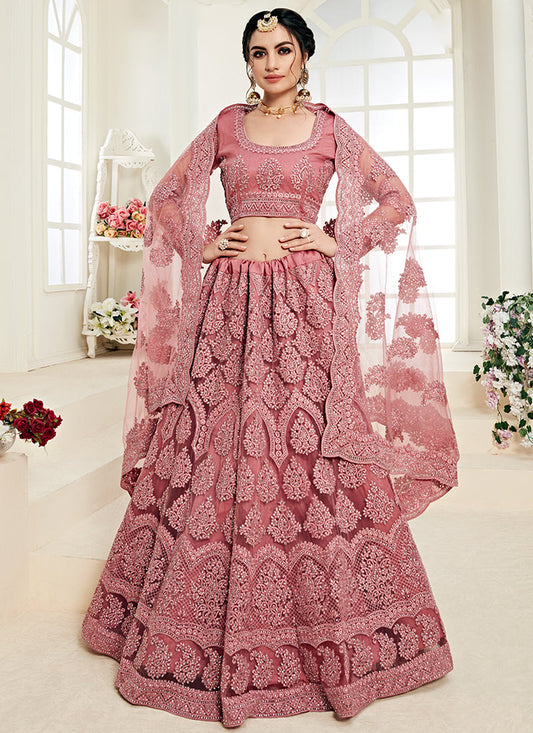 Redish Pink Tonal Thread Embroidered Lehenga