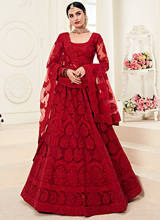 Deep Red Tonal Thread Embroidered Lehenga