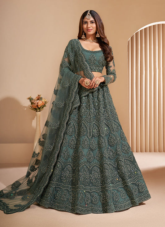 Olive Tonal Thread Jaal Embroidery Lehenga