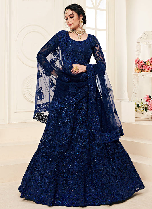 Dark Blue Tonal Thread Embroidered Lehenga