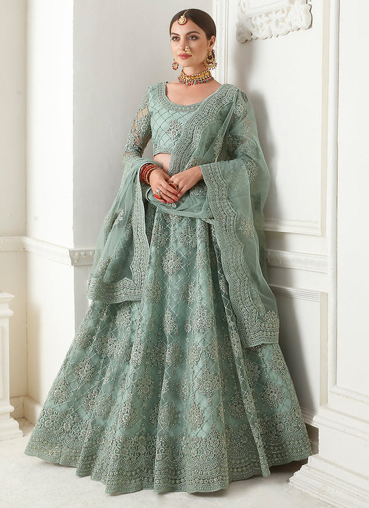 Sage Green Tonal Thread Embroidered Lehenga