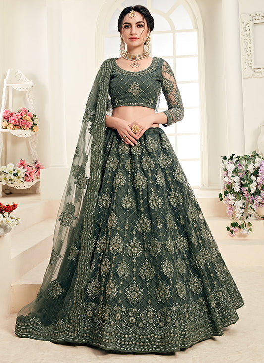 Olive  Green Tonal Thread Embroidered Lehenga