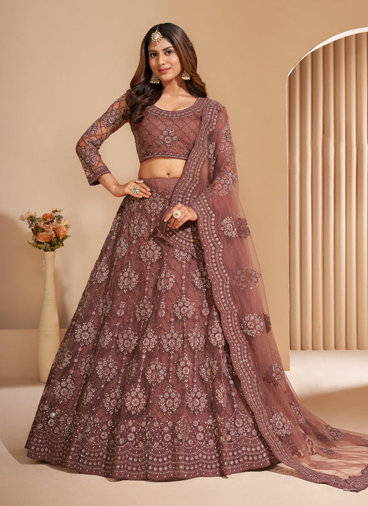 Brown Tonal Thread Jaal Embroidery Lehenga