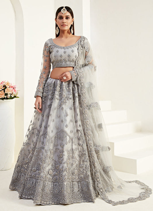 Grey Tonal Thread Leaf Embroidery Lehenga